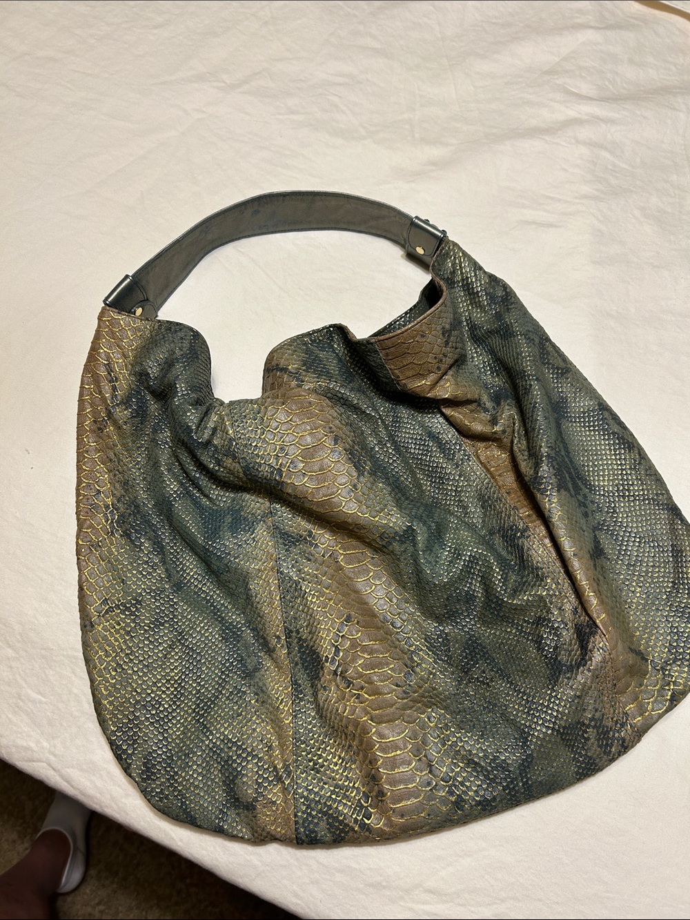Snake-Embossed Hobo Bag in Olive and Gold